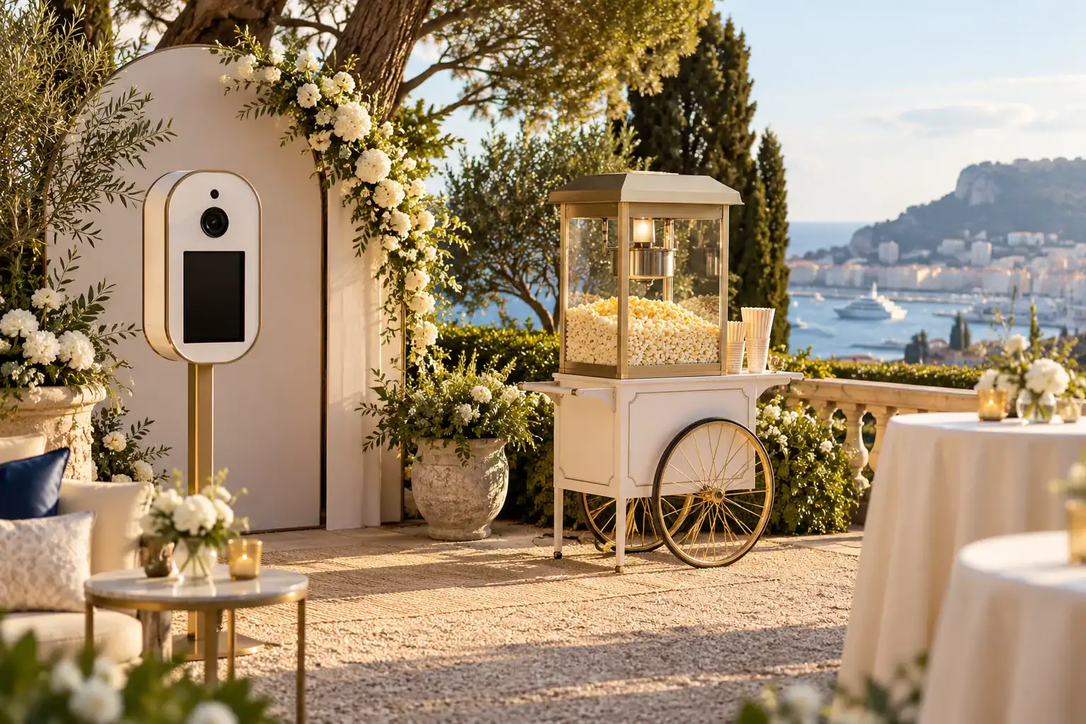 Illustration d’un photobooth et d’une machine à pop-corn dans une ambiance de fête.